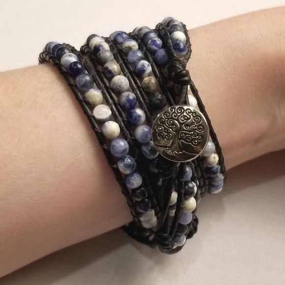 Wristy Wraps Jewelry - NEW Sodalite and Leather 5 Wrap Bracelet, OS, Handmade
